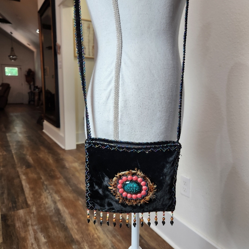 BEAUTIFUL BOHO SILK VELVET BEADED & FEATHERS CROSSBODY PURSE